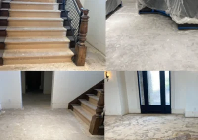 A four-panel collage showing interior renovation. The left panels show wooden stairs with an iron railing and a concrete floor. The upper right shows furniture covered in plastic. The lower right shows exposed subflooring and construction debris, with a glass door in the background.