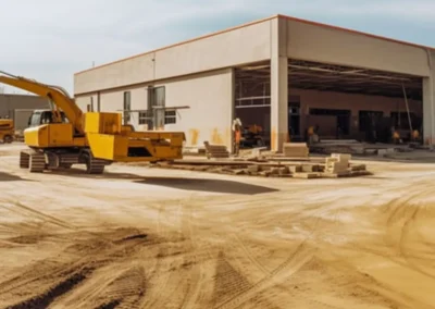 A large beige industrial building with an open bay, next to a yellow excavator on a dirt ground with tire tracks. Construction materials are visible near the building.